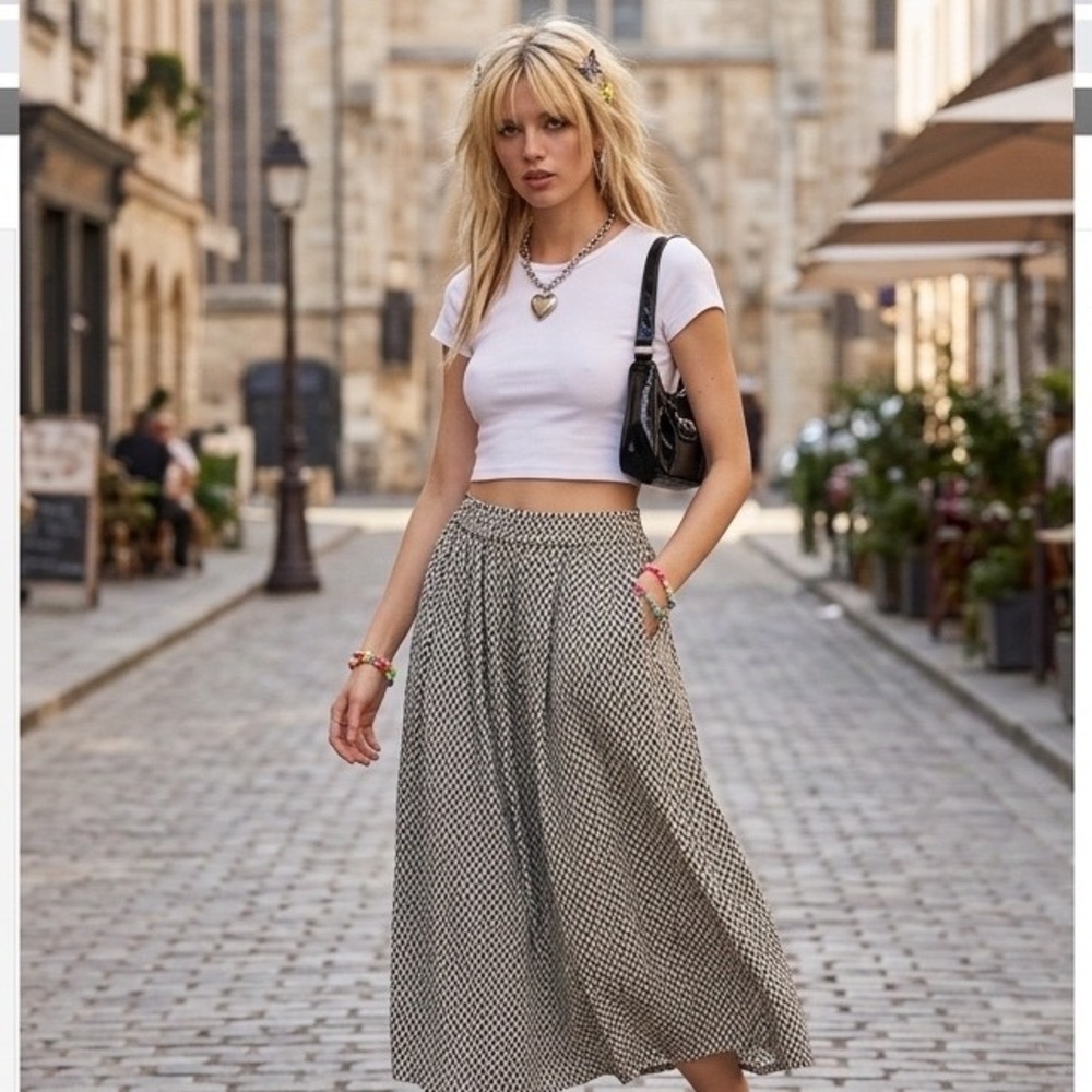 H&M Black White Geometric Print Pleated Midi Skirt Elastic Waist Pockets Size 12